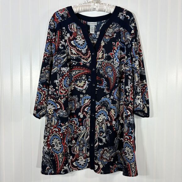 Catherines Tops - Catherines Blouse Womens 2X Paisley 3/4 Sleeve V-Neck Button Up Tunic Flowy Navy